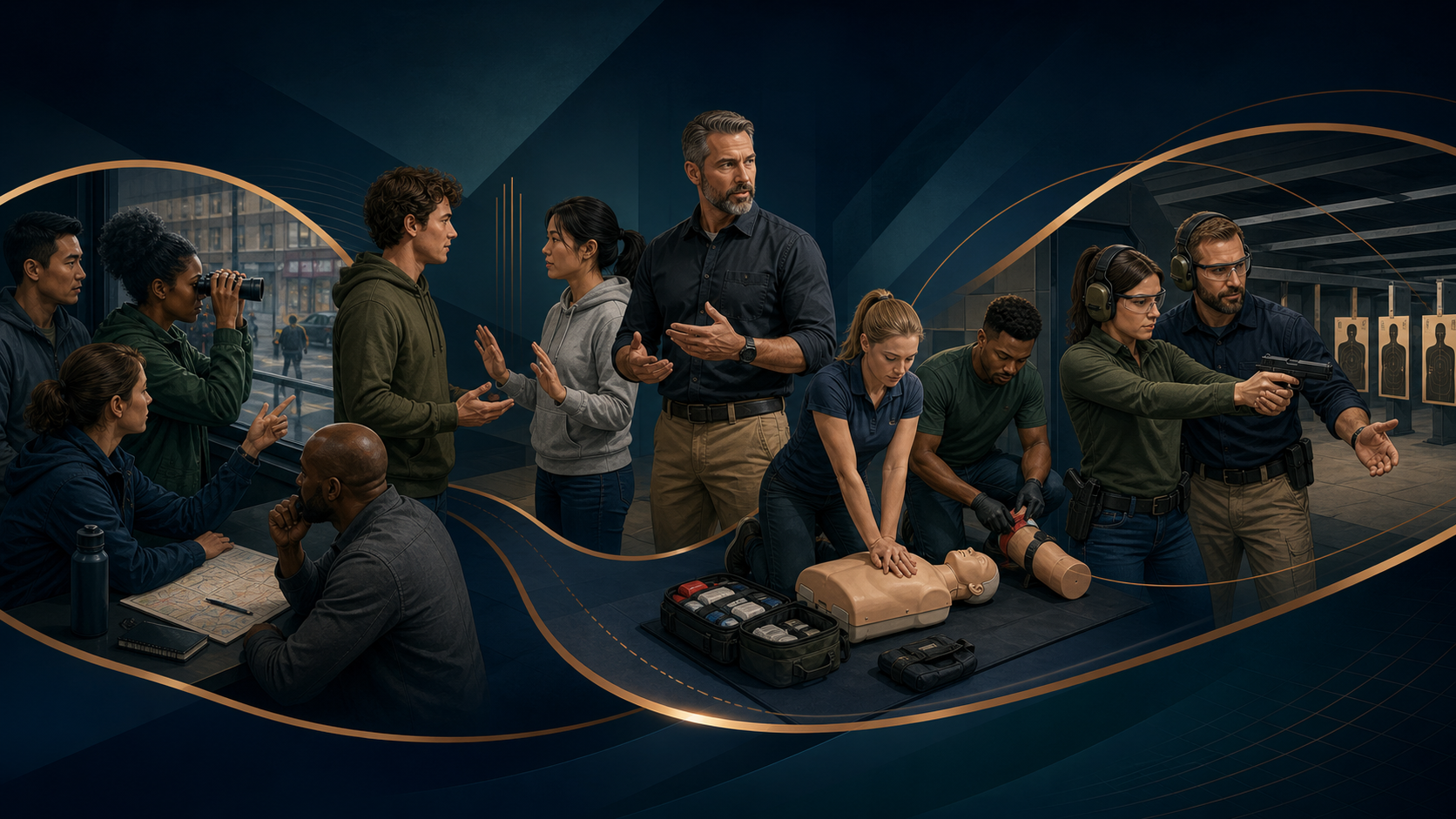 Illustrated ASALT training sequence showing situational awareness, de-escalation, emergency medical response, and supervised range safety